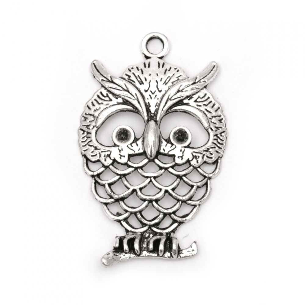 Metal pendant  owl 55x36x6 mm hole 4 mm color silver
