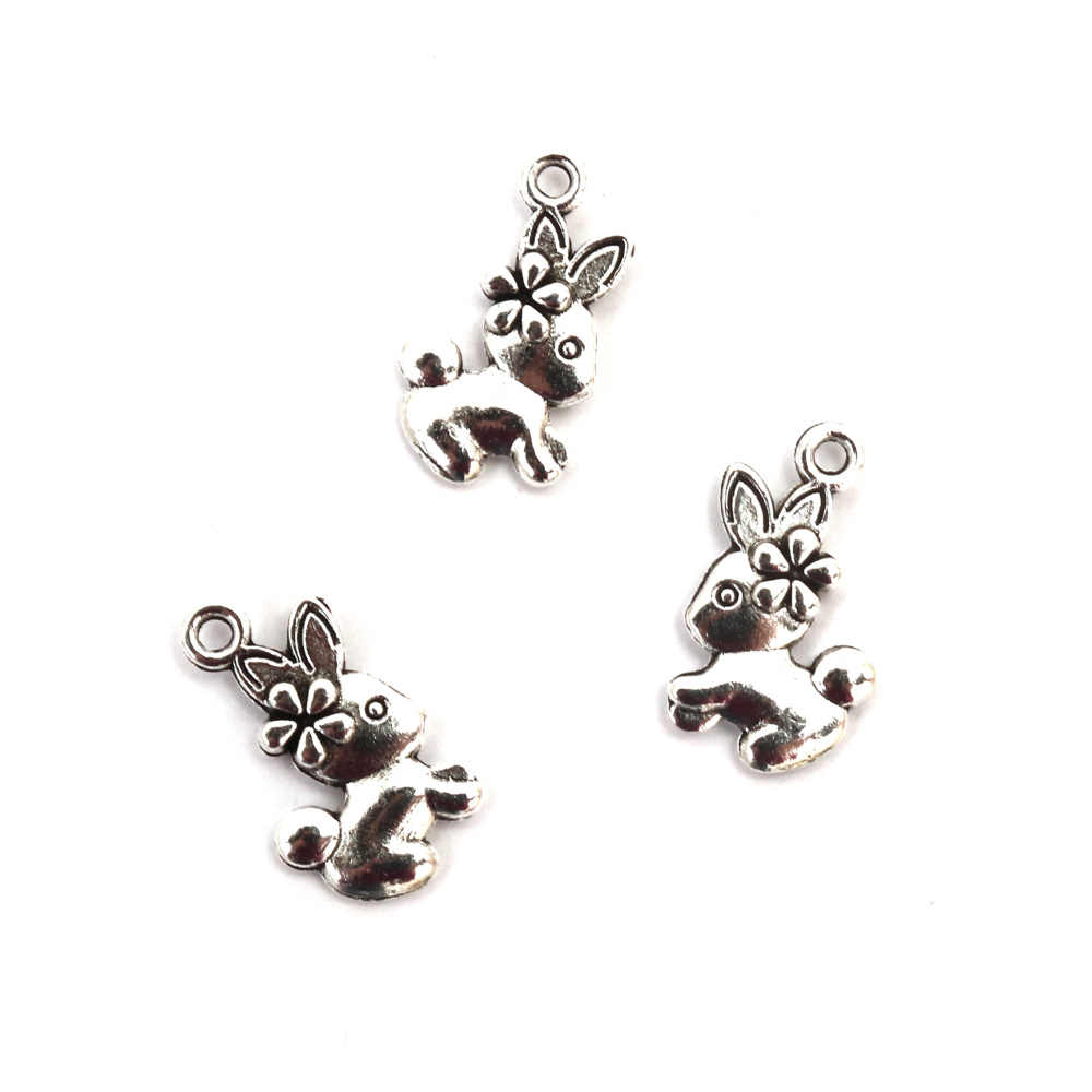 Metal Bunny Charm for Jewelry Making / 19x10x3 mm, Hole: 1 mm / Silver - 10 pieces