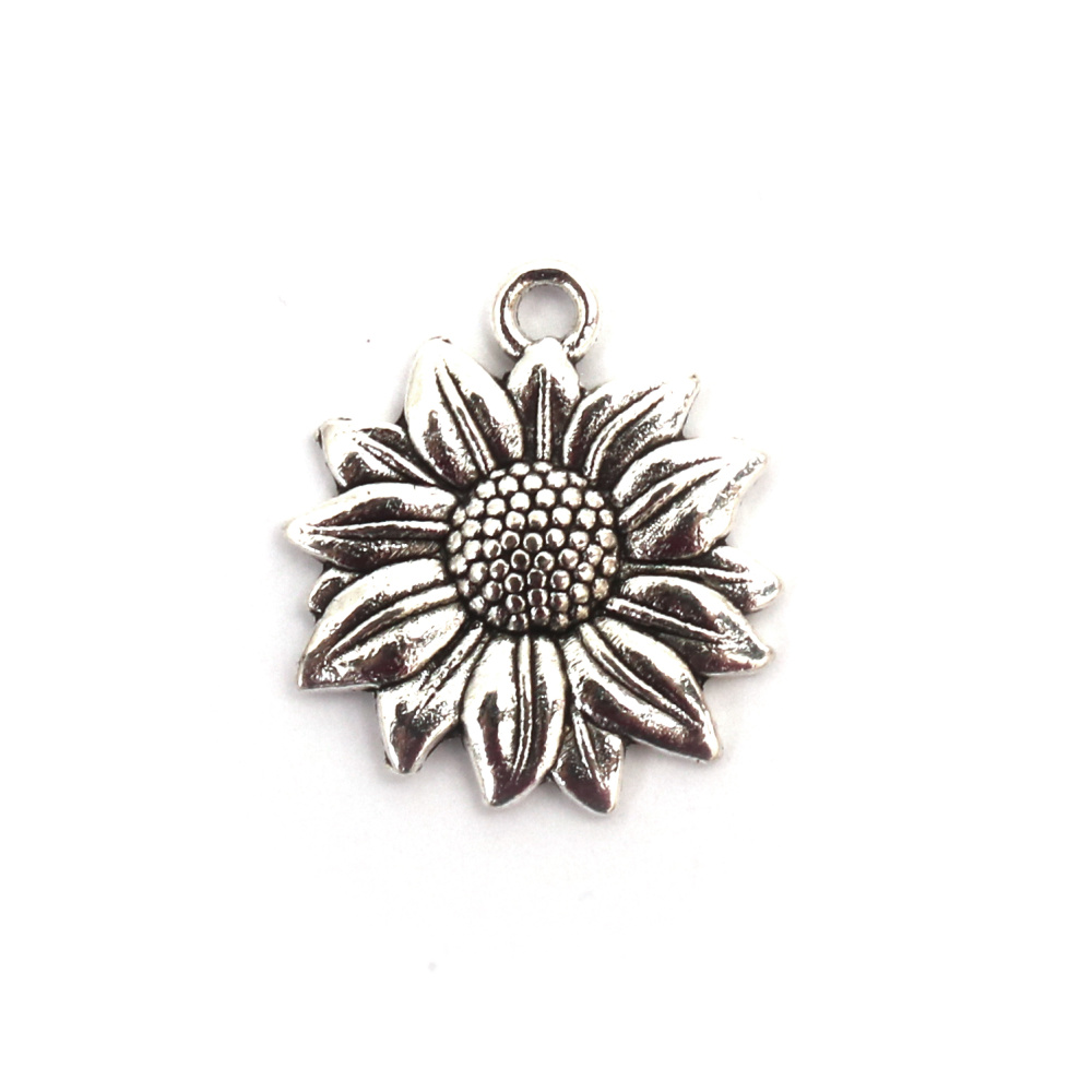 Metal Flower Pendant / 21x19x3 mm, Hole: 2 mm / Silver - 5 pieces