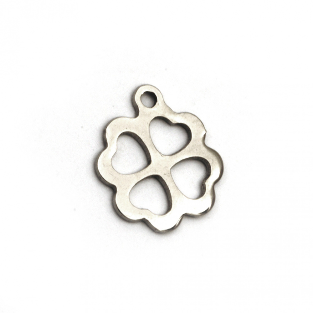 Steel pendant beads clover 12.5x10x0.8 mm hole 1.2 mm color silver - 10 pieces