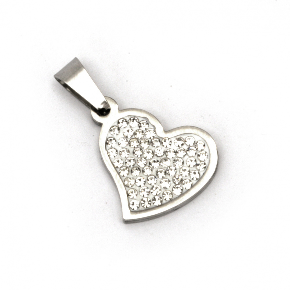 Pendant steel stainless extra quality heart with tiny crystals 25x16x3 mm color silver