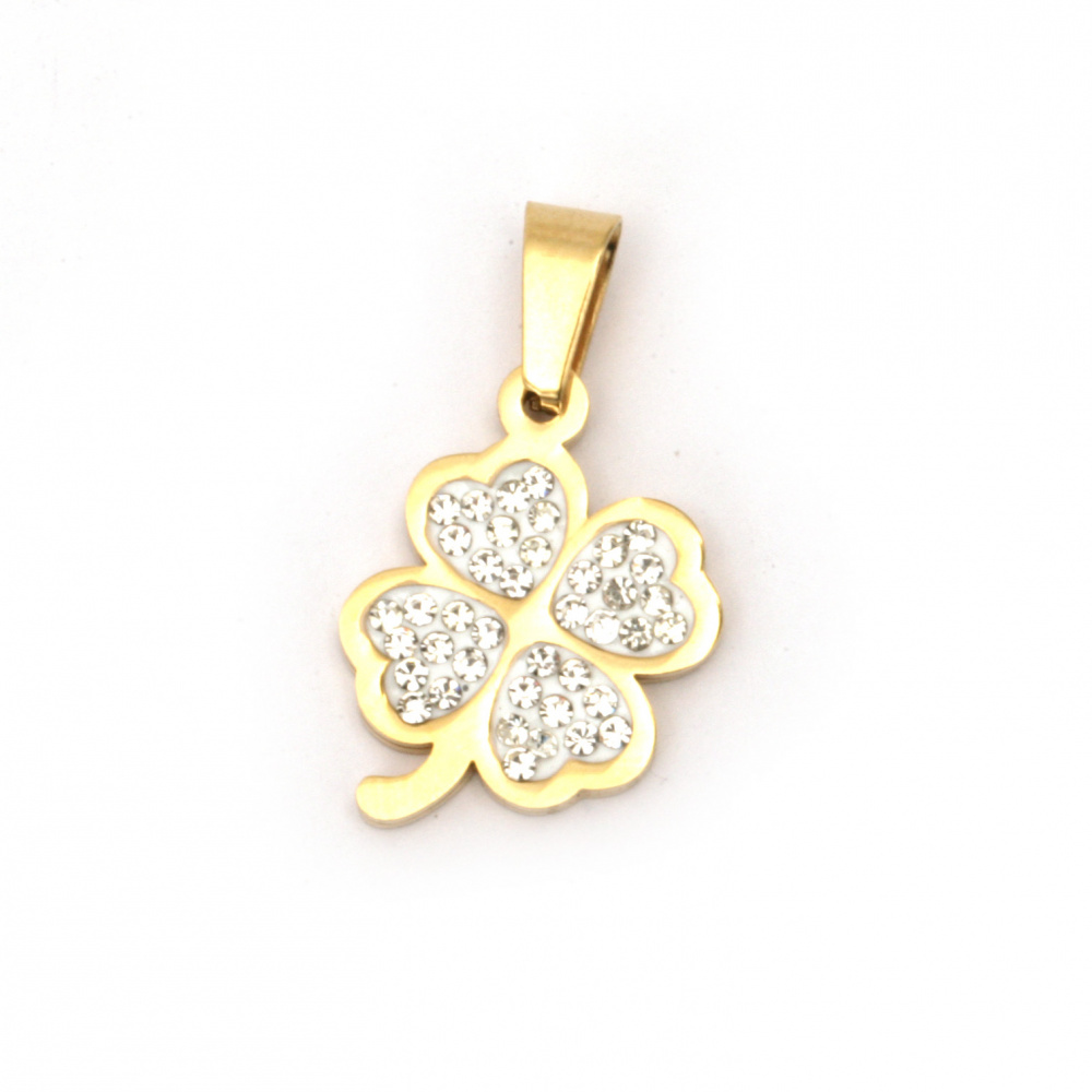 Pendant steel stainless extra quality clover with tiny crystals 27x16x3 mm color gold