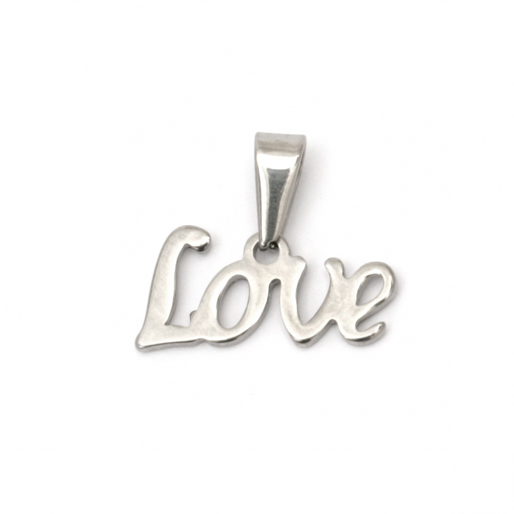 Pendant steel stainless extra quality, "LOVE" lettering 17x20x1.5 mm color silver