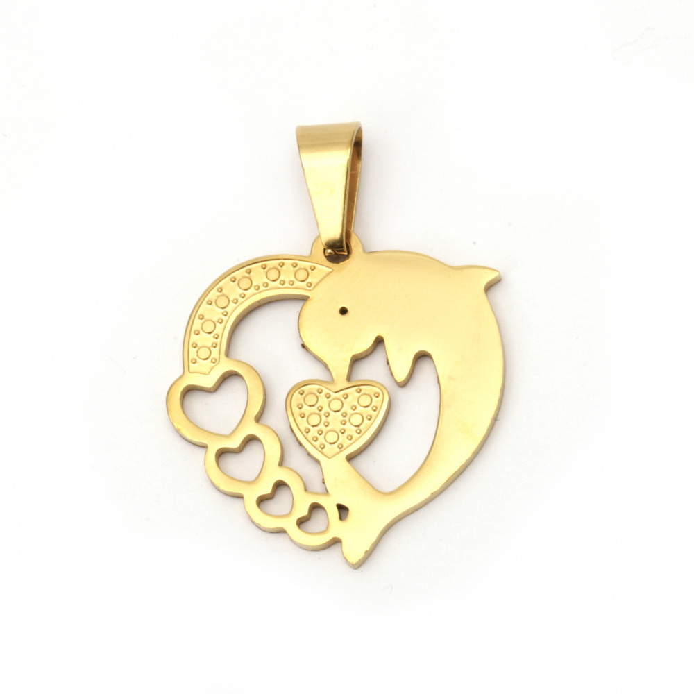 Stainless steel pendant 304 heart with dolphin 27x26x1.2 mm hole 9x5 mm color gold