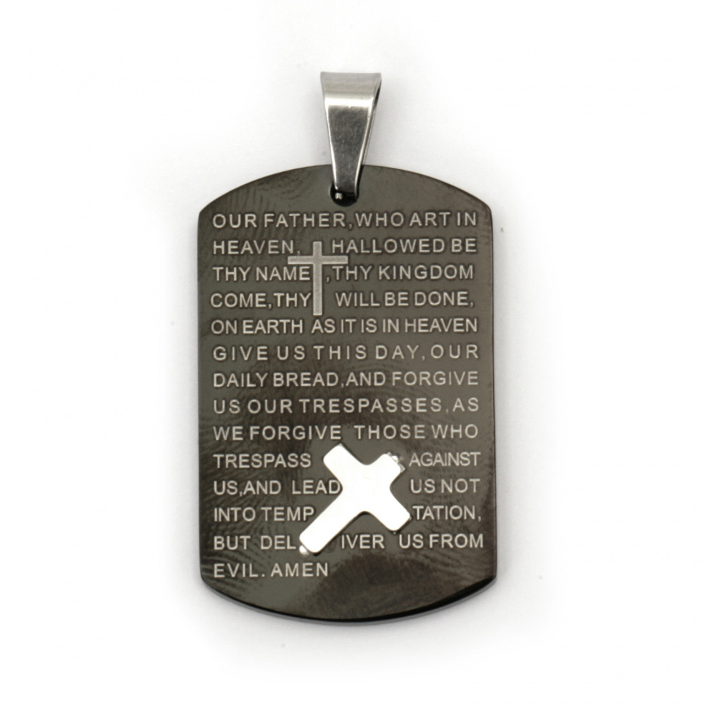 Stainless steel pendant 304 tile with inscription and cross 37x24x3 mm hole 8x5 mm