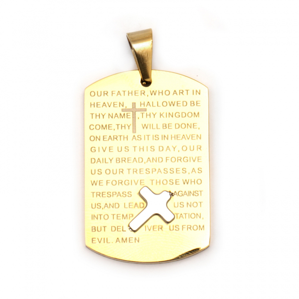 Stainless steel pendant 304 tile with inscription and cross 37x24x3 mm hole 8x5 mm