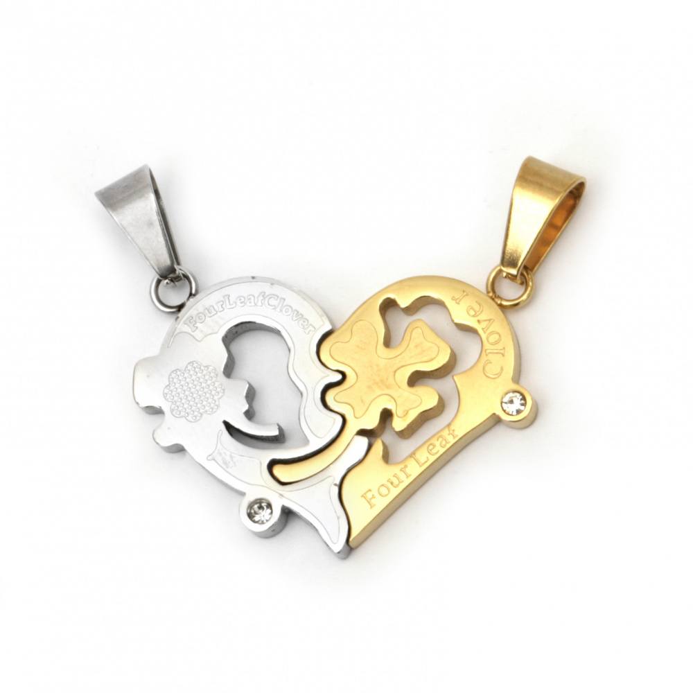Stainless steel pendant 304 double breakable heart with inscription 28x17x2.5 mm and 26x18.5x2.5 mm hole 8x5 mm color gold and silver
