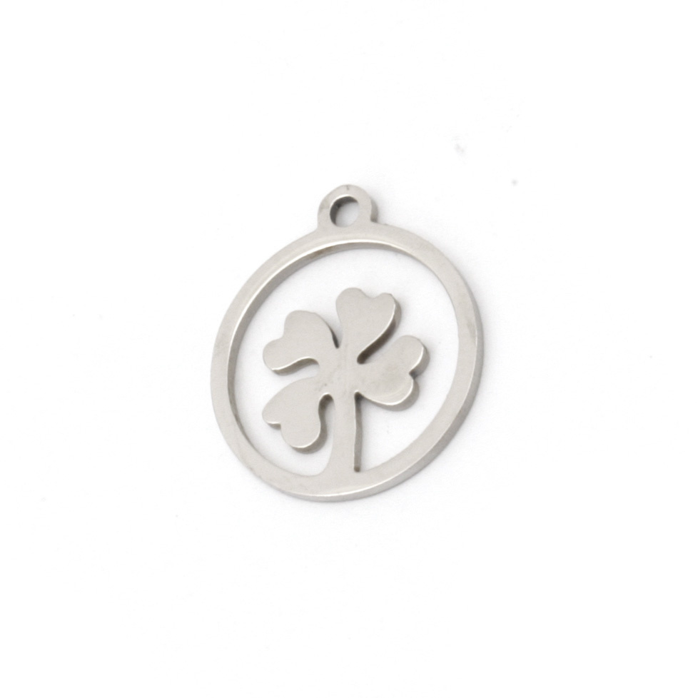 Round pendant with clover steel 17x14.5x1 mm hole 1.5 mm color silver - 2 pieces