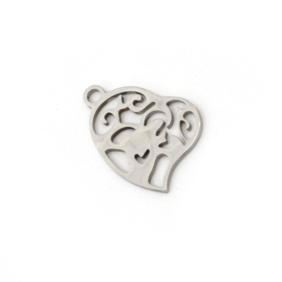 Steel pendant heart shaped beads, openwork 17x16x1 mm hole 1.5 mm color silver - 2 pieces