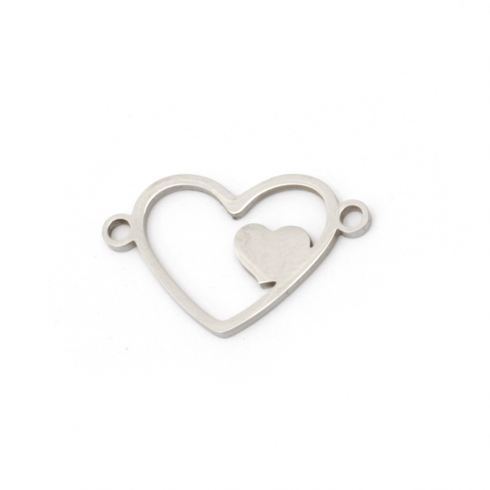 Delicate heart steel connecting element 21.5x13.5x1 mm hole 1 mm color silver - 2 pieces
