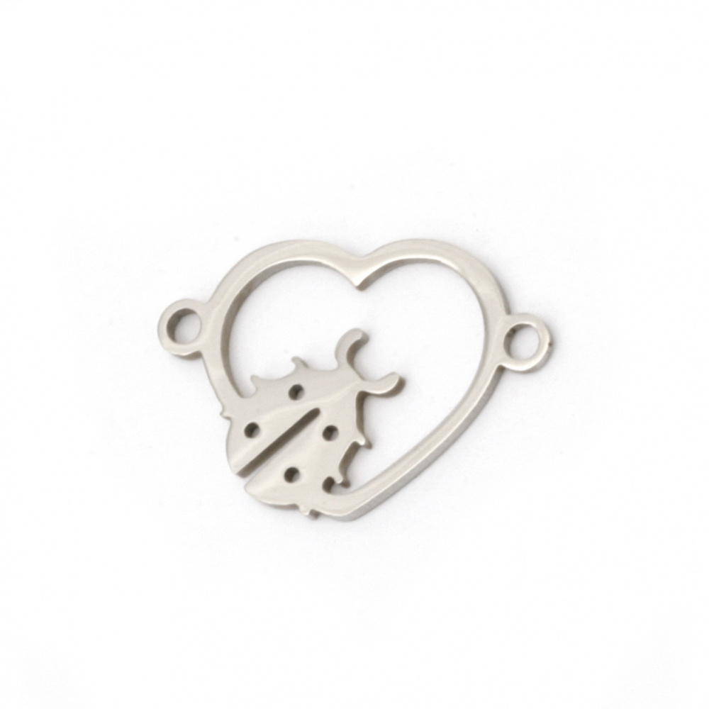 Jewelry findings, steel connecting element heart with ladybug 20.5x13.5x1 mm hole 1.5 mm color silver - 2 pieces