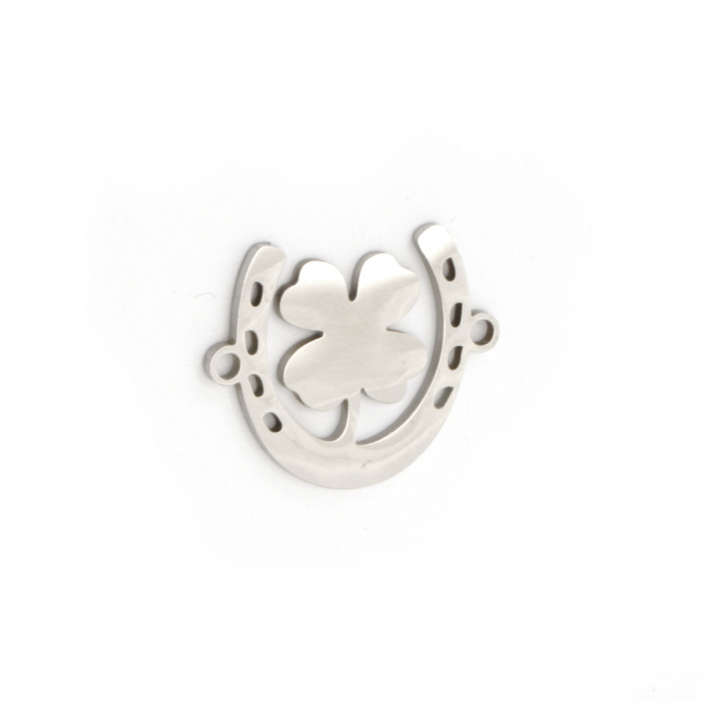 Steel connecting element for good luck - horseshoe with clover 19x15.5x1 mm hole 1 mm color silver - 2 pieces
