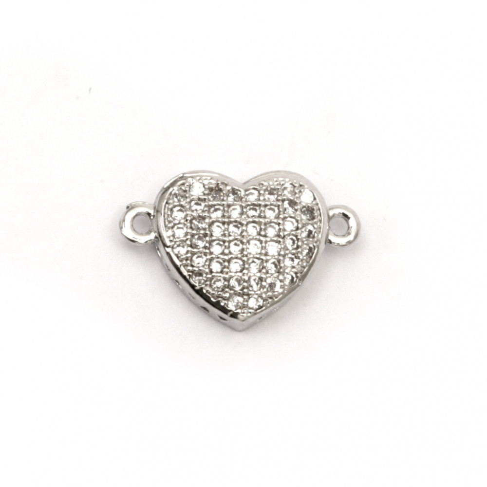 Sheeny connecting elements heart, forged brass beads with micro cubic zirconium 10x16x4 mm hole 1 mm color silver