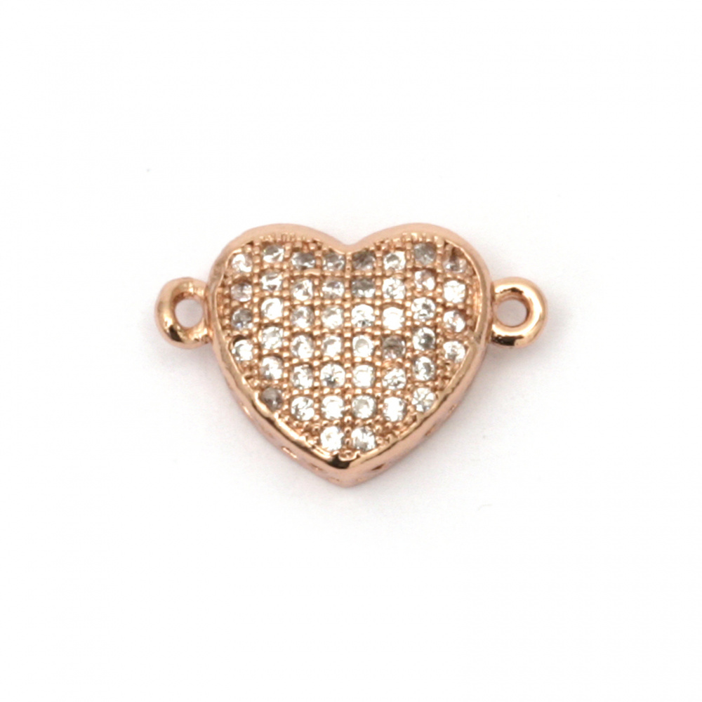 Connecting elements heart, forged brass beads with micro cubic zirconium 10x16x4 mm hole 1 mm color rose gold