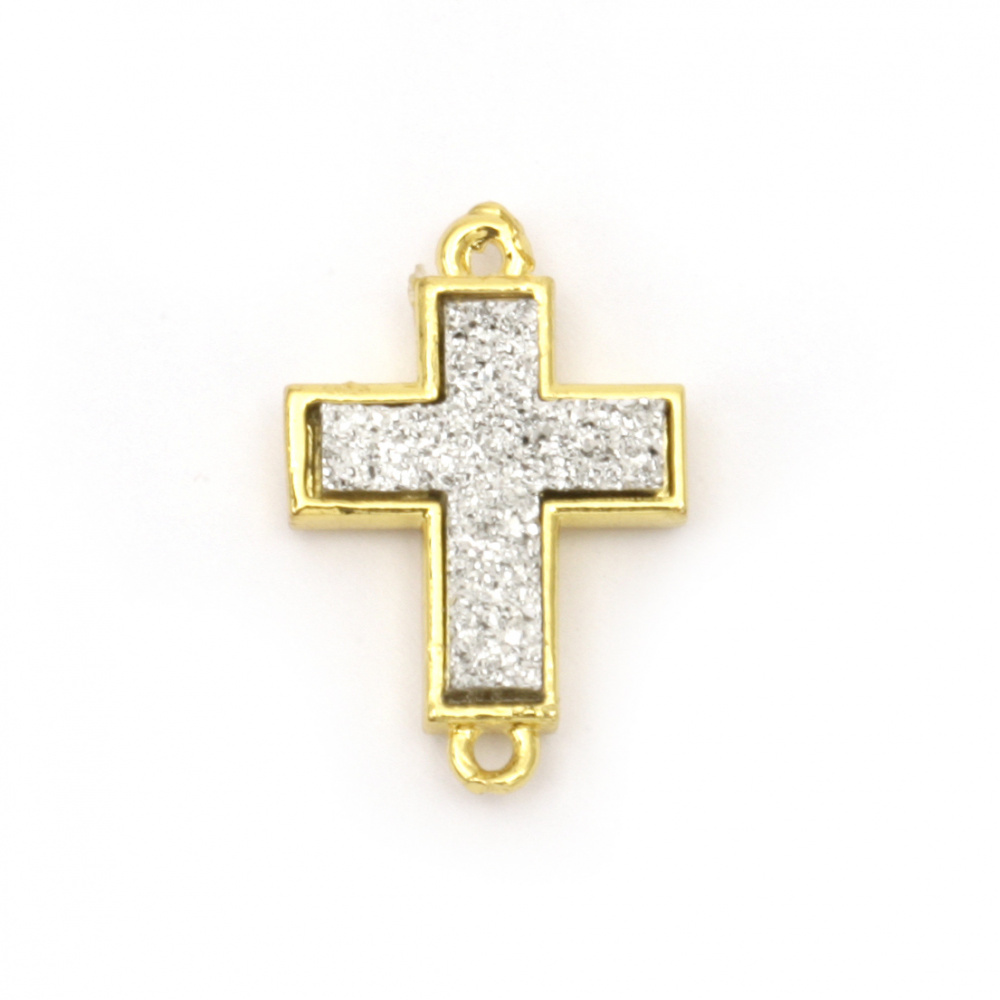 Connecting brass galvanized layer rubber cross 19.5x13.5x4 mm hole 0.8 mm color gold with white