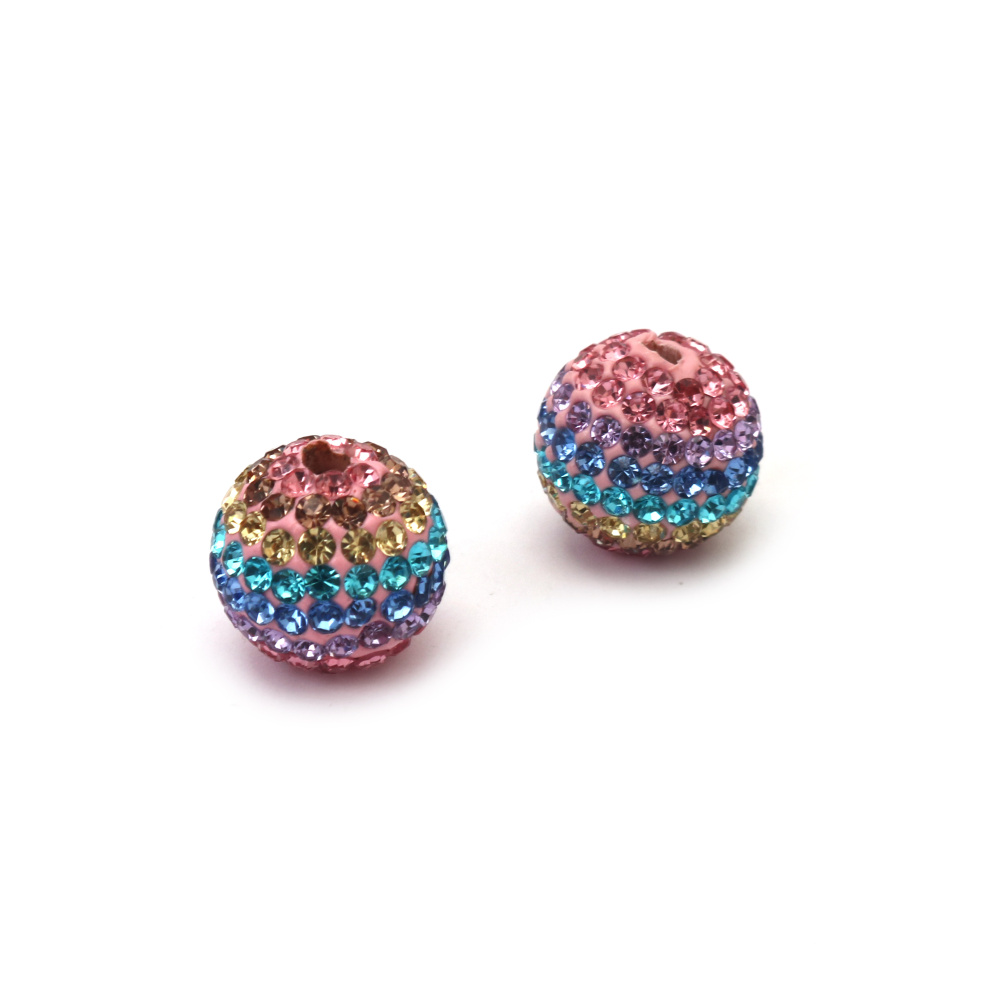 Perla Shamballa sferica in pasta polimerica con cristalli colorati, 16 mm, foro 3 mm