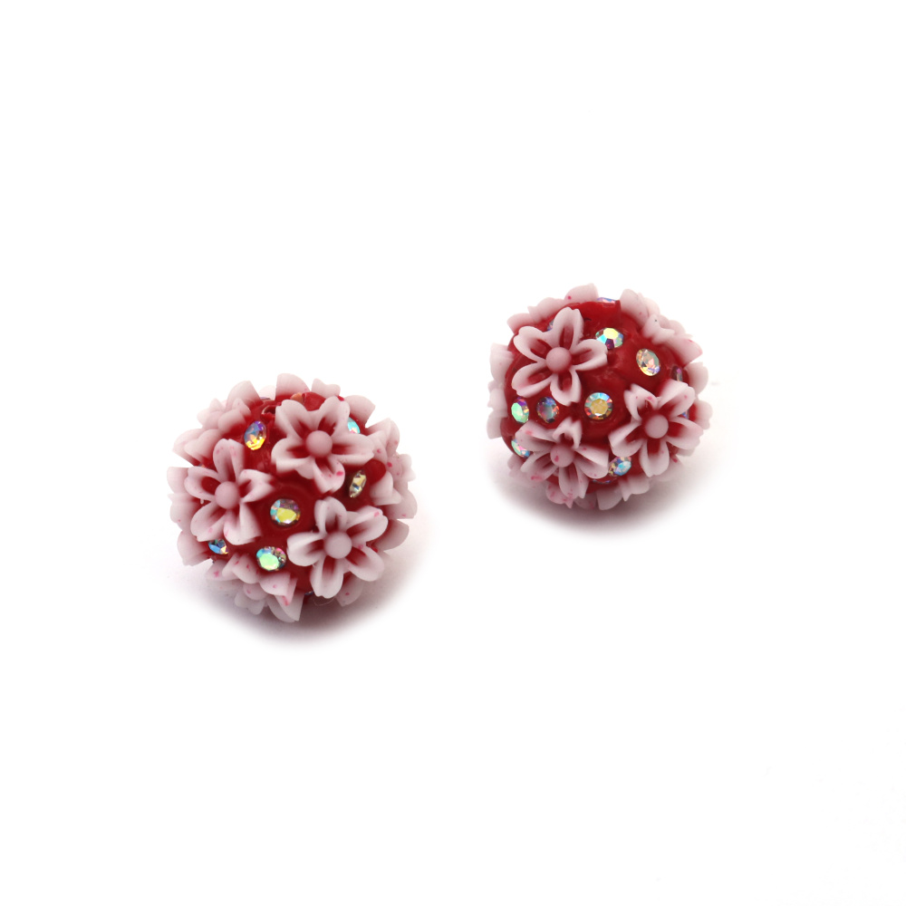 Perla Shamballa in poliresina con fiori e cristalli, 19 mm, foro 3 mm, rosso e bianco, per bigiotteria fai da te