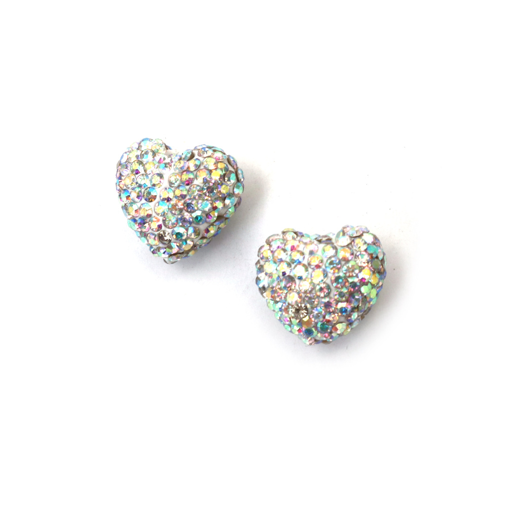 Perla Shamballa in argilla polimerica, a forma di cuore con strass, arcobaleno, 13x15 mm, foro: 1 mm