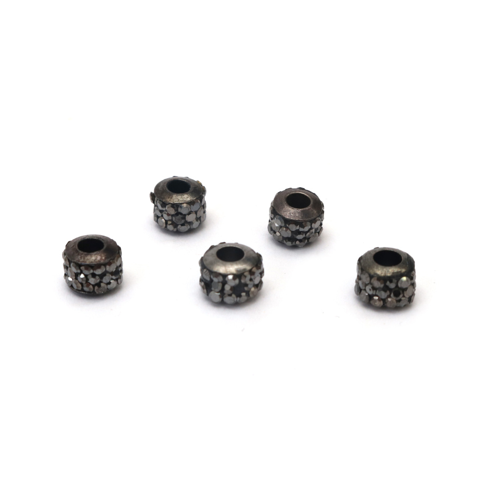 Eleganti perline cilindriche in metallo con cristalli scintillanti – colore grafite, 7x5 mm, foro 2,5 mm, confezione da 5 pezzi
