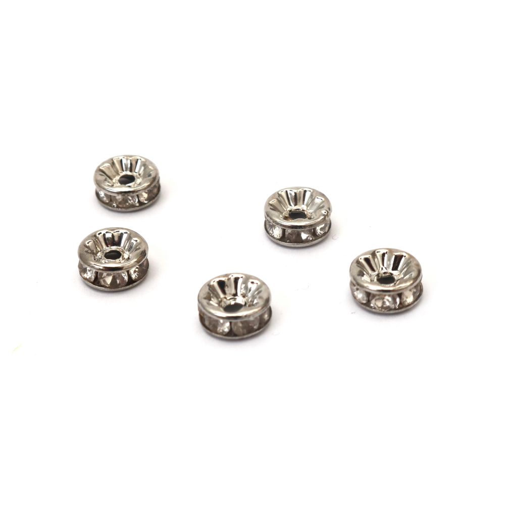 Perline distanziatrici a rondella con strass in metallo, colore argento brillante, 8x3,5 mm, foro 1,5 mm, Qualità B – 10 pz