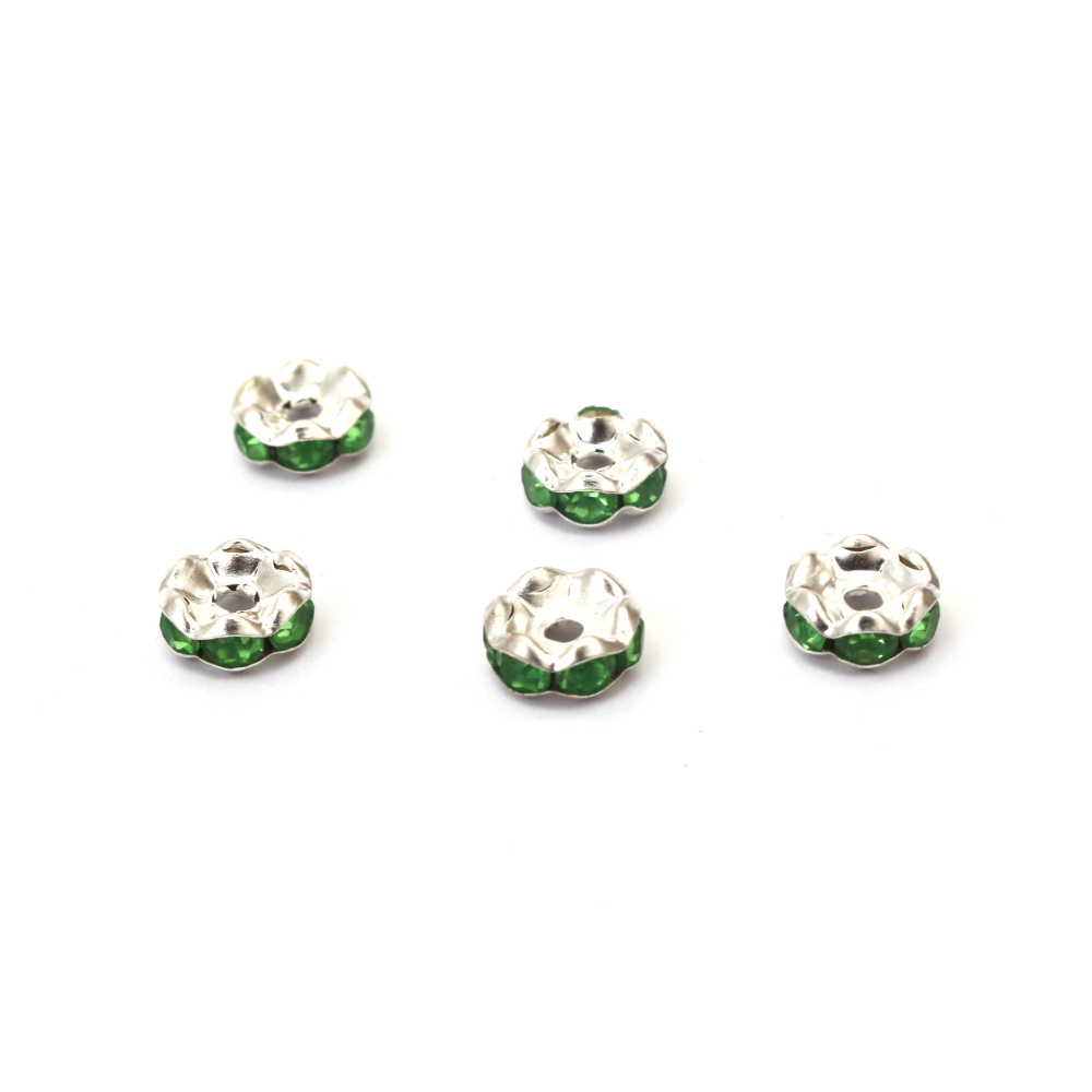 Perline distanziatrici a rondella in metallo con cristalli verdi, motivo zig zag, Qualità A, bianco, 8x3,5 mm, foro 1,5 mm - 10 pezzi, per bigiotteria fai da te