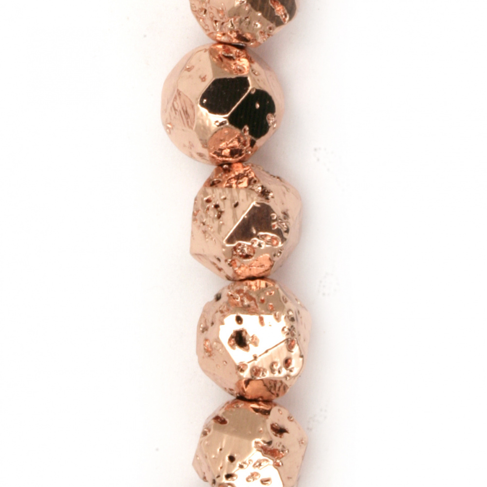 Наниз мъниста полускъпоценен камък ВУЛКАНИЧЕН - ЛАВА многостен галванизиран розово злато 8 мм ~47 броя