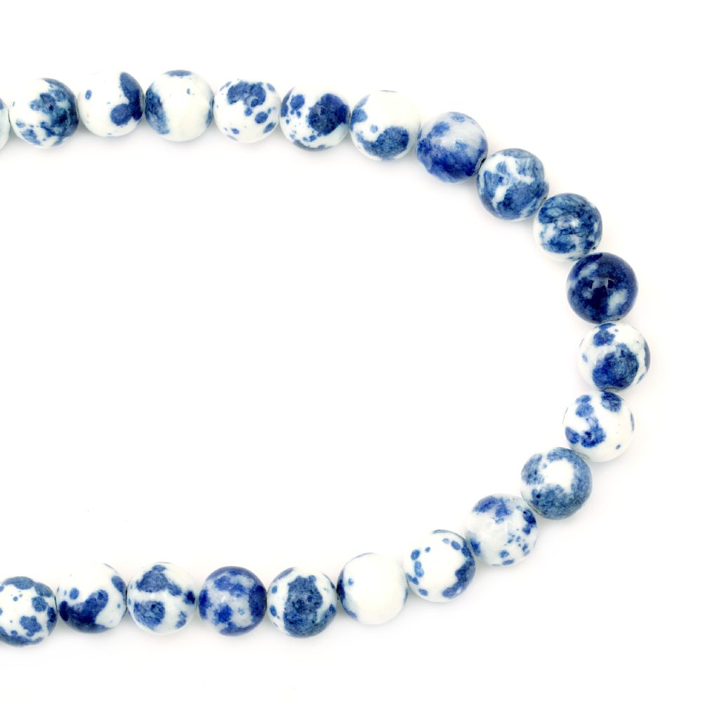 Gemstone Beads Strand, Jade, Round, White and Blue, 12mm, ~32 pcs