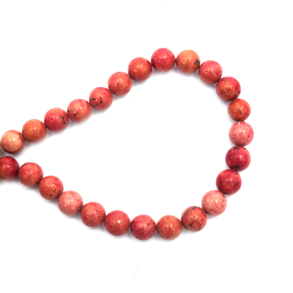 String of Semi-Precious Stone Beads Natural FOSSIL, Colored: Pink-Red, Ball: 10 mm ~ 37 pieces
