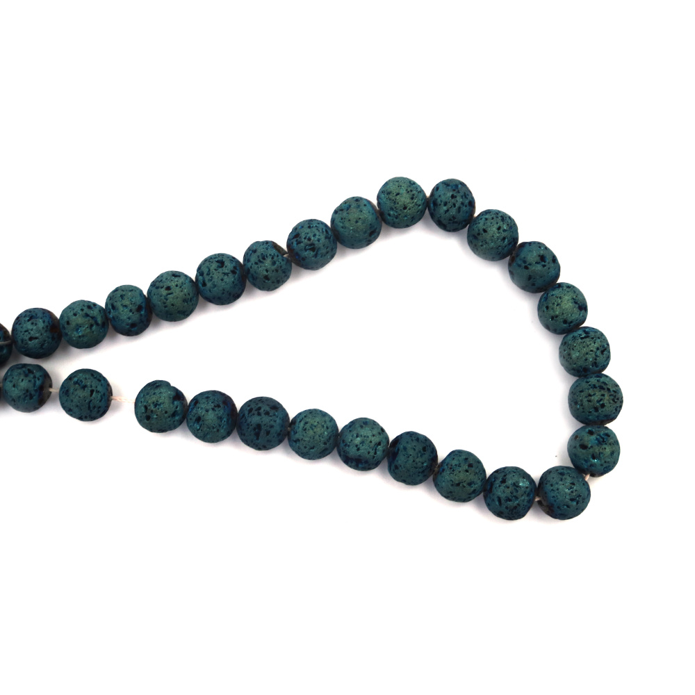 Наниз мъниста полускъпоценен камък ВУЛКАНИЧЕН - ЛАВА галванизиран цвят синьо-зелен топче 10 мм  ~40броя