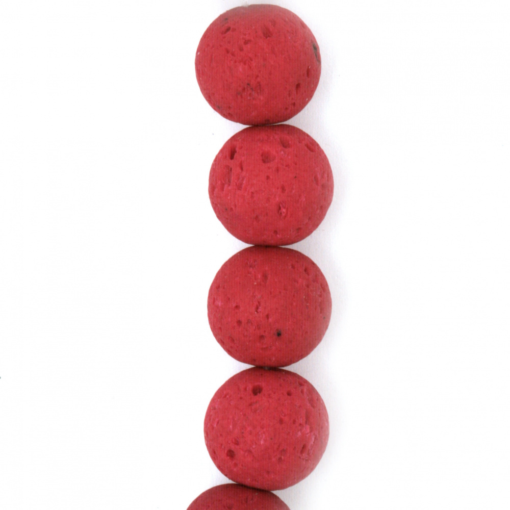 Πέτρα λάβα ημιπολύτιμη χάντρα στρογγυλή περασμένη σε κορδόνι 10 mm κόκκινη ~ 38 τεμάχια