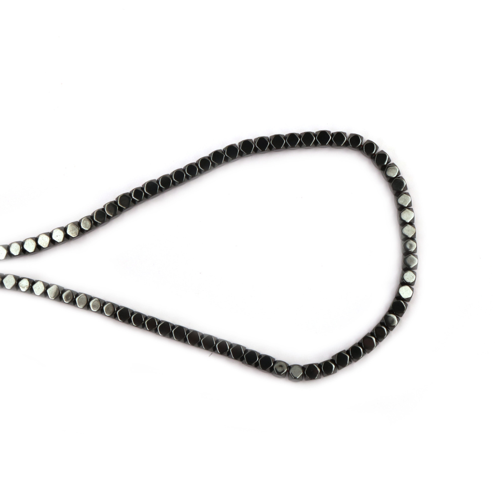 String of Semi Precious Stone Beads HEMATITE / Non Magnetic, Cube with Beveled Corners / 4x4x4 mm, Hole: 1 mm ~ 92 Pieces