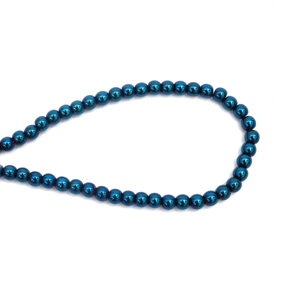 Наниз мъниста полускъпоценен камък ХЕМАТИТ немагнитен електроплейт цвят син топче 6 мм дупка 1.5 мм ~80 броя