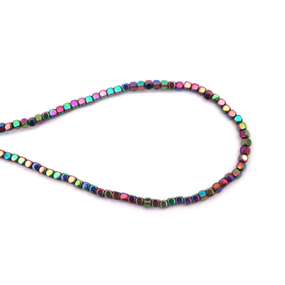 String of Semi-Precious Stone Beads HEMATITE, Non-Magnetic Electroplate / Color: RAINBOW / Rounded Cube: 3x3x3 mm, Hole: 1 mm ~ 140 pieces