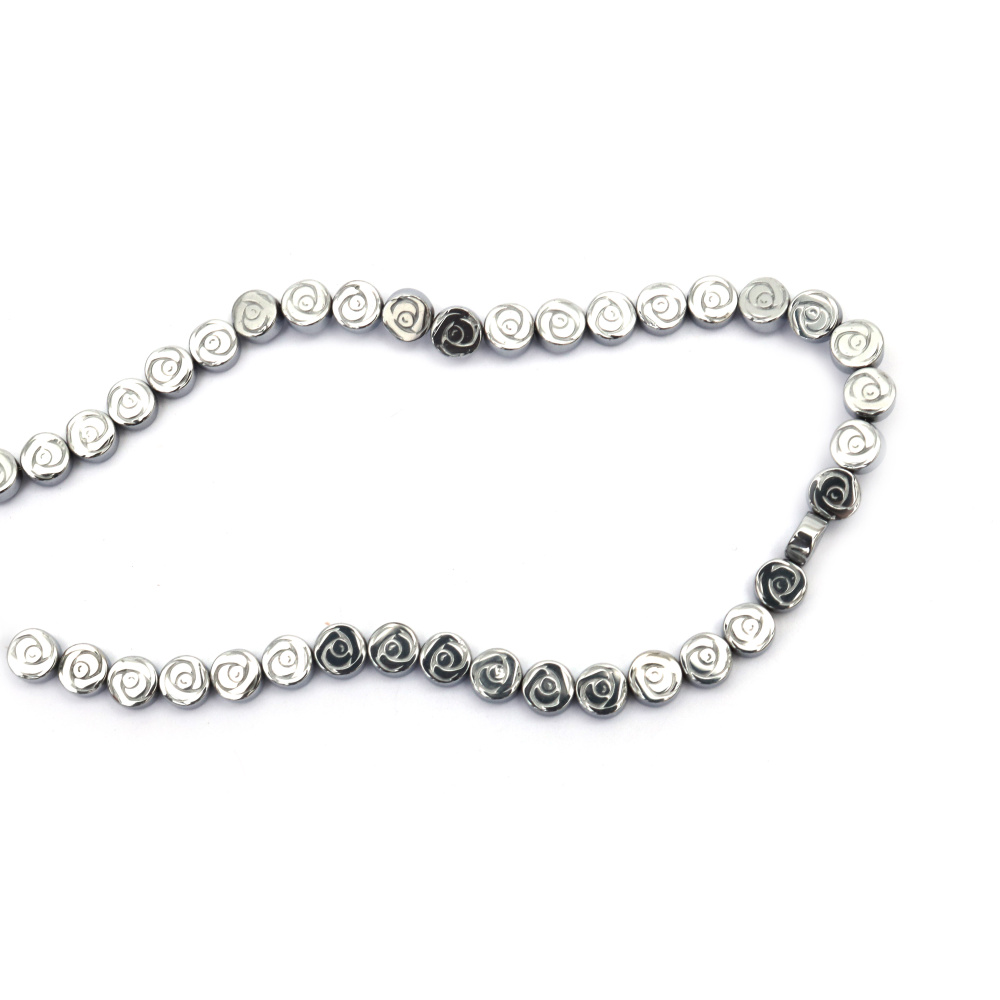 String of Semi-Precious Stone Beads Non-Magnetic Electroplate HEMATITE / Color: Silver / Disc-Flower: 6x3 mm, Horizontal Hole: 0.7 mm ~ 69 pieces