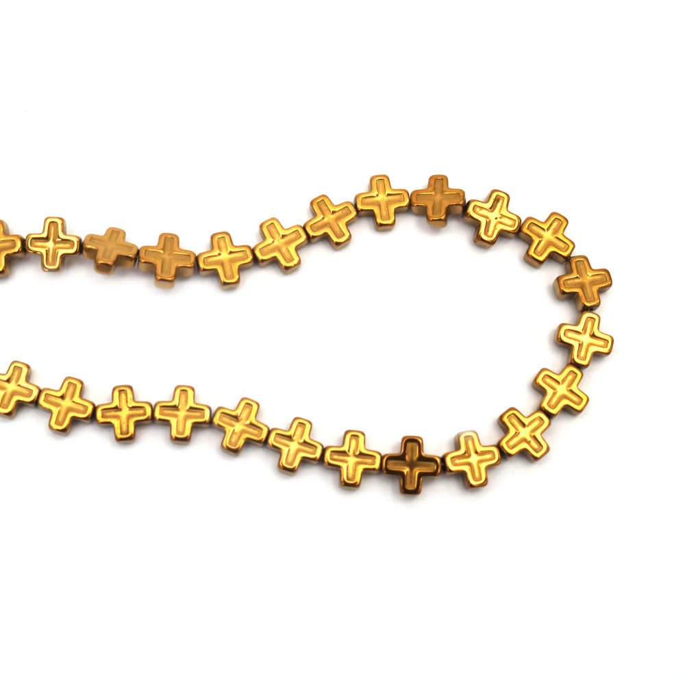 Наниз мъниста полускъпоценен камък ХЕМАТИТ немагнитен електроплейт цвят старо злато кръст 8x8x3 мм дупка 1 мм ~50 броя