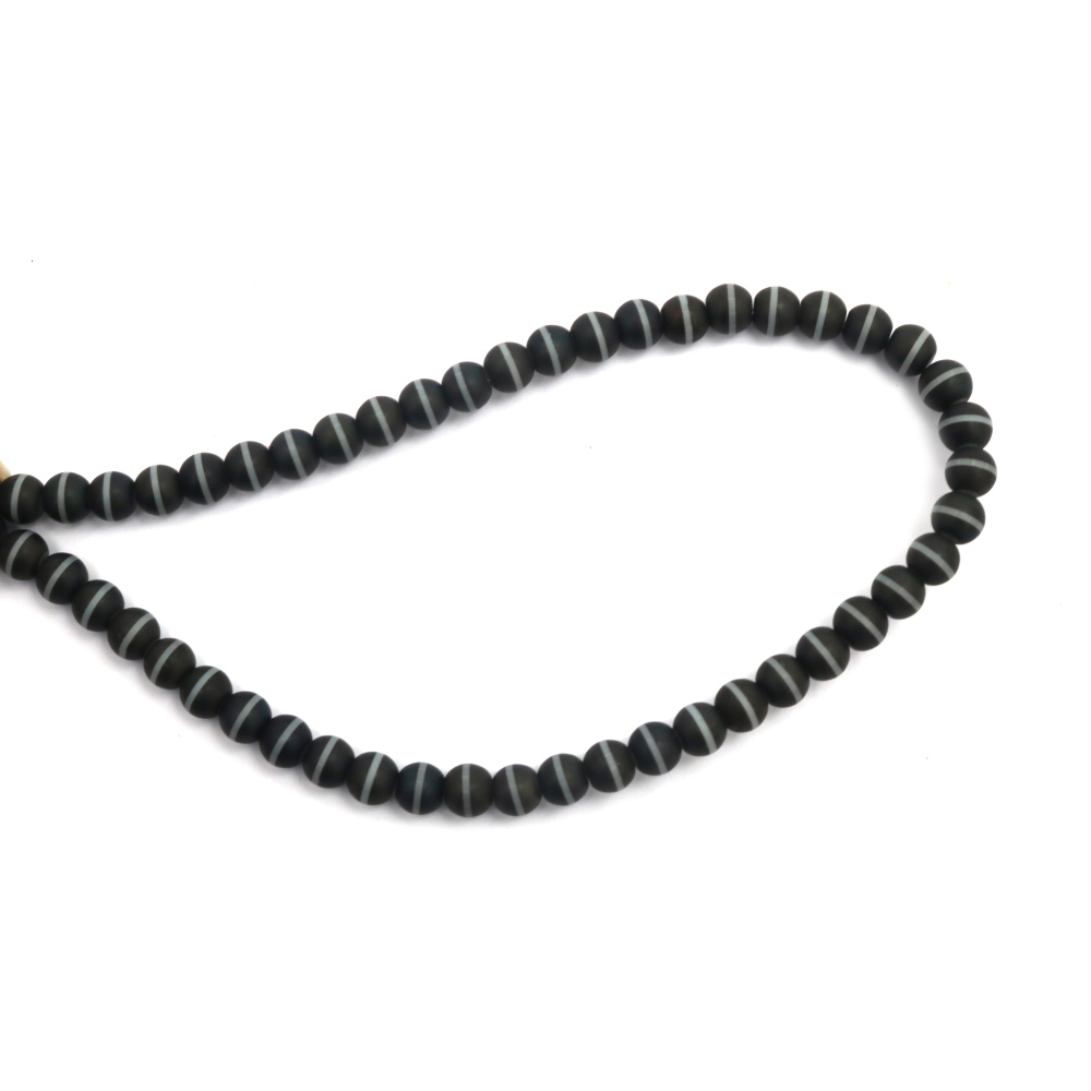 String of Semi-Precious Stone Beads Imitation AGATE, Matte  Black with White Stripe, Ball: 6 mm ~ 62 pieces