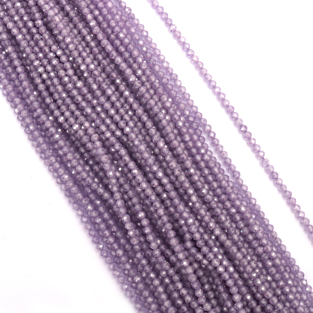 Наниз мъниста полускъпоценен камък ЦИРКОНИЙ натурален топче фасетирано 3 мм дупка 0.5 мм цвят лилав светъл ~130 броя