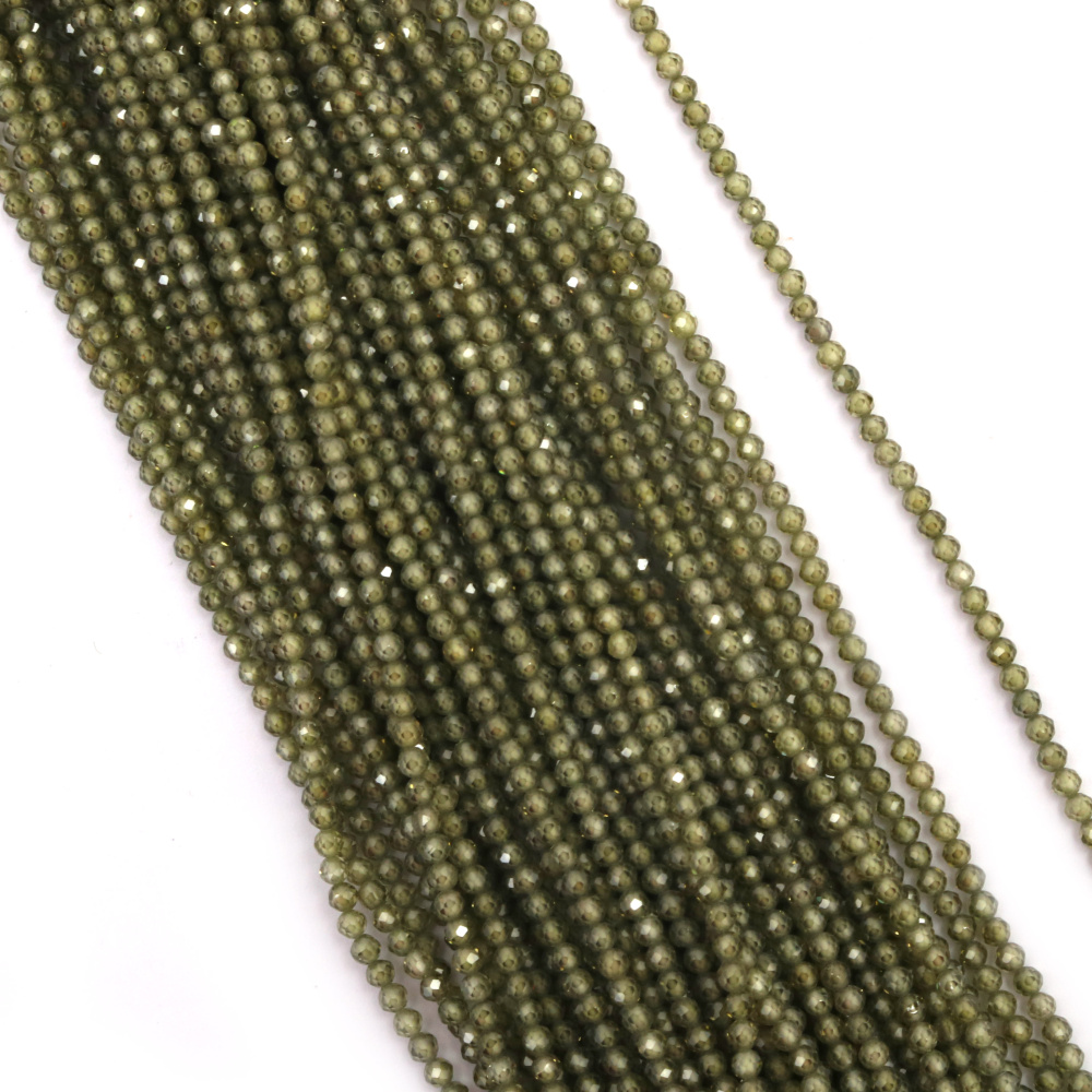 String of Natural Semi-Precious Stone Beads ZIRCONIUM / Faceted Ball: 3 mm, Hole: 0.5 mm / Light Green ~ 130 pieces