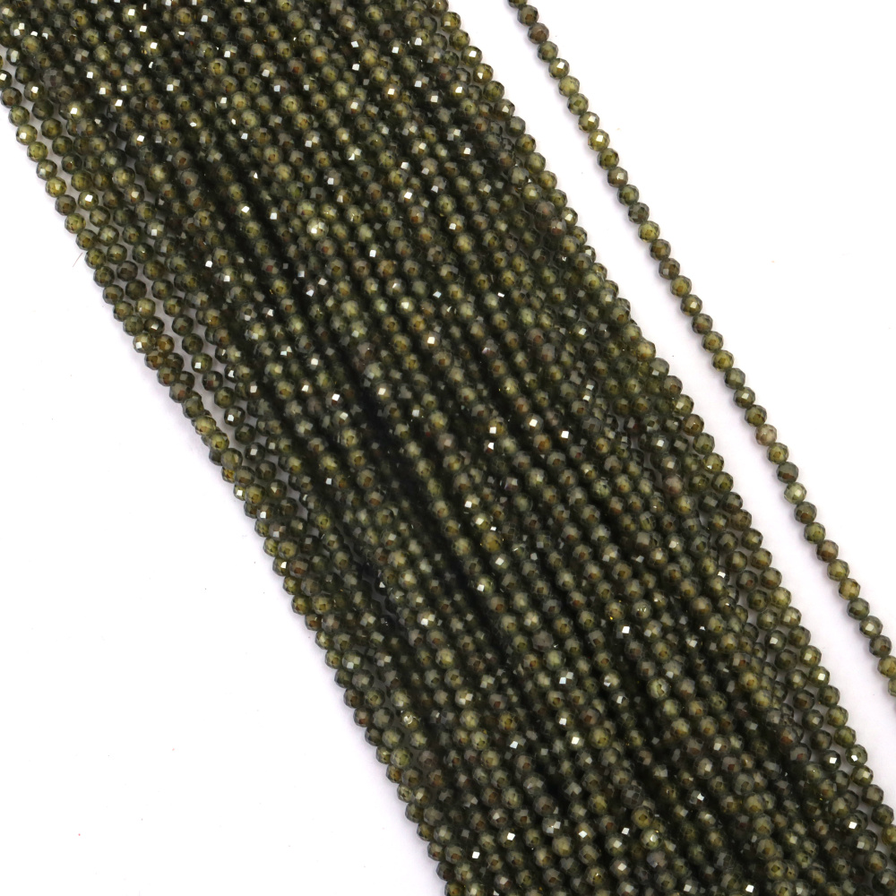 Наниз мъниста полускъпоценен камък ЦИРКОНИЙ натурален топче фасетирано 3 мм дупка 0.5 мм цвят зелен ~125 броя