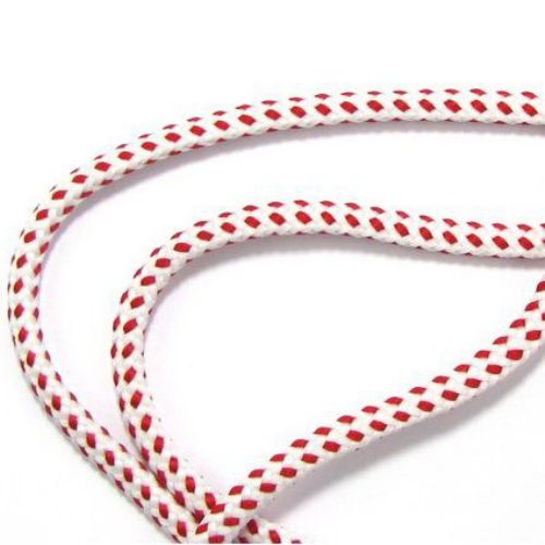 White-Red Knitted Round Cord (D8-17), 5 mm - 50 meters
