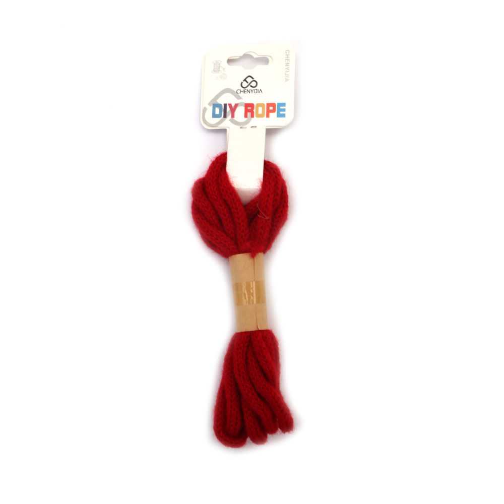 Șnur tricotat din poliester tip mohair, roșu, 5 mm – pufos, rezistent și decorativ, fir pentru handmade & DIY, rolă ~2,7 m