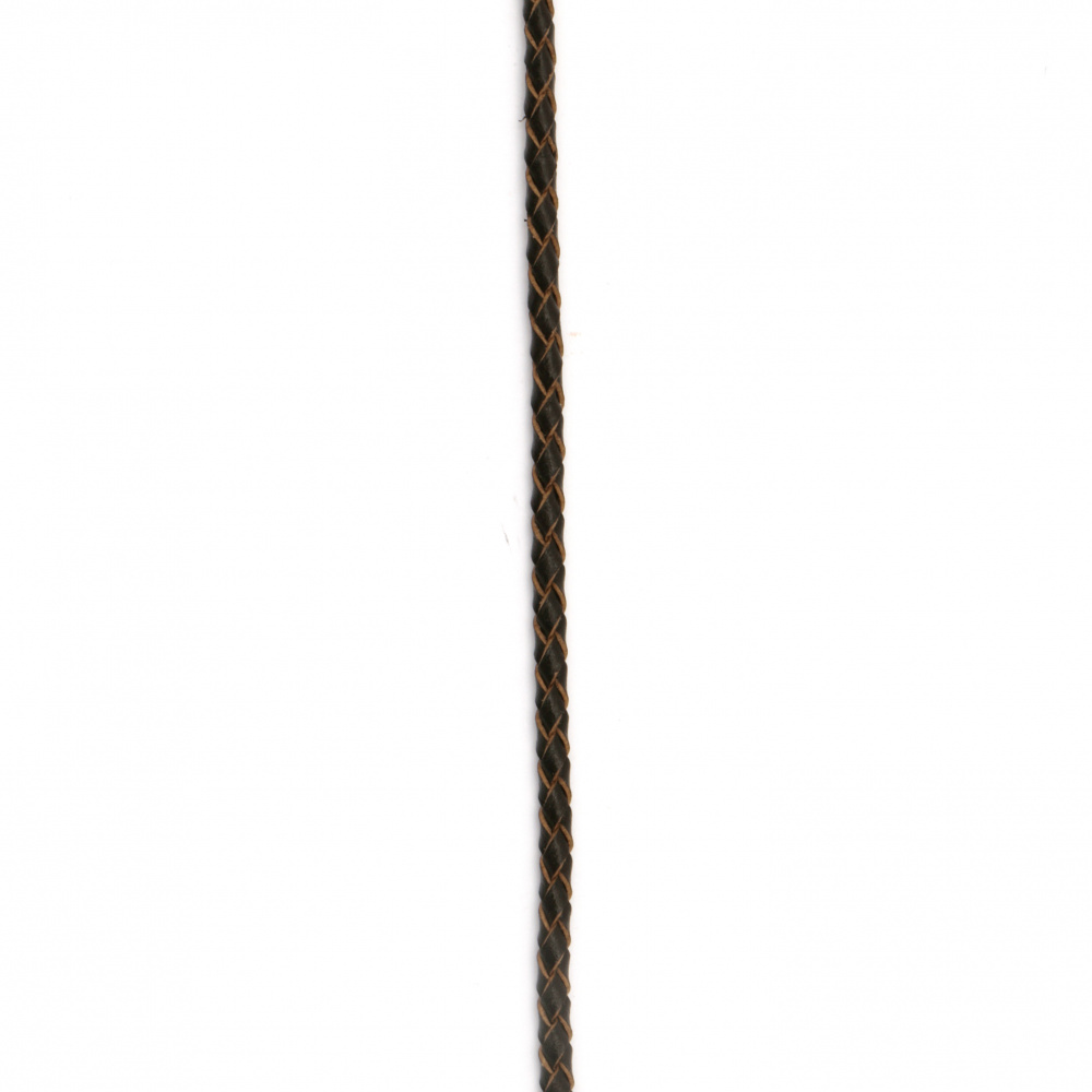 Cordon piele naturală 3 mm rotund tricotat culoare maro închis - 1 metru