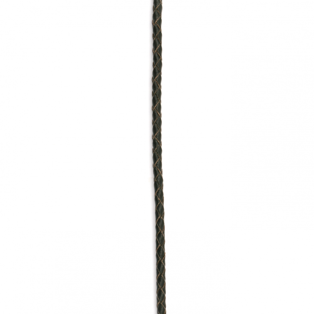 Шнур естествена кожа 3 мм объл плетен цвят черен - 1 метър