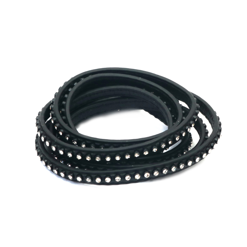 Artificial Leather Strip / 6.5x3.5 mm / Black with Crystals - 1 meter