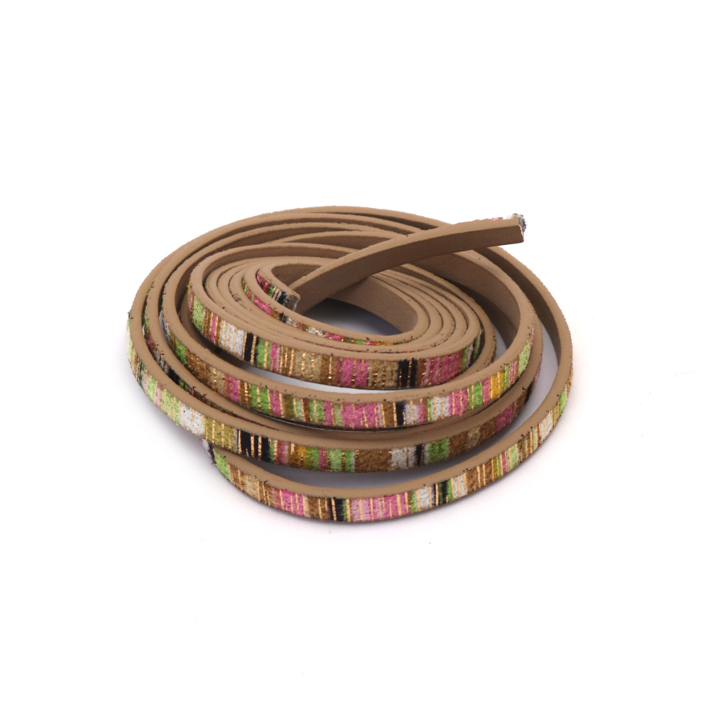 Artificial Leather and Textile Strip /  5x1.5 mm / ETHNO Motif, Colors: Green, Pink, Beige and Gold - 1.40 meters