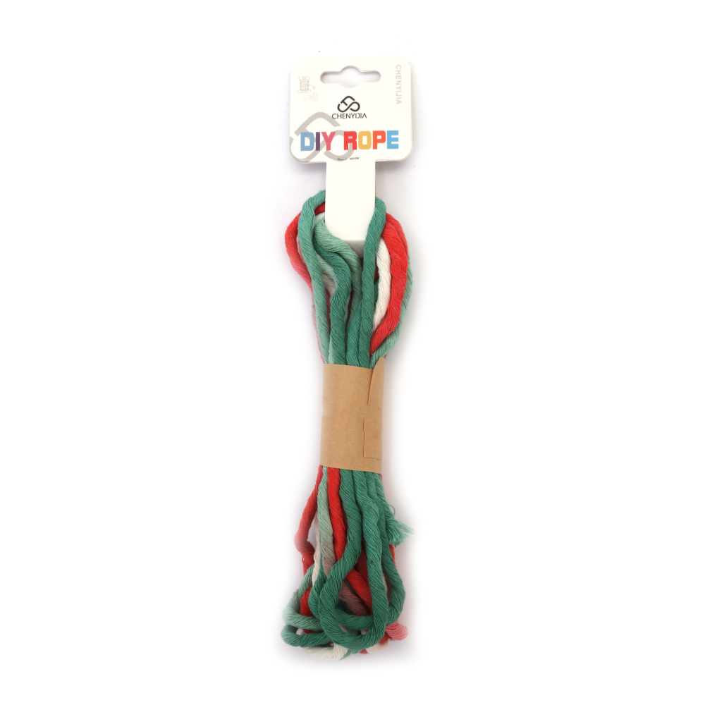 Sfoară din bumbac în trei tonuri (alb, verde și coral) 4 mm ~5 m – perfectă pentru macrame, noduri decorative și proiecte DIY creative