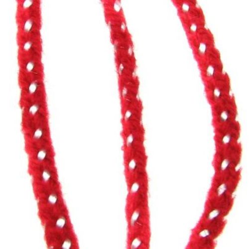 Braided Round Cord (V 143 Pan) / 3 mm / Red with White Silk Thread - 30 meters