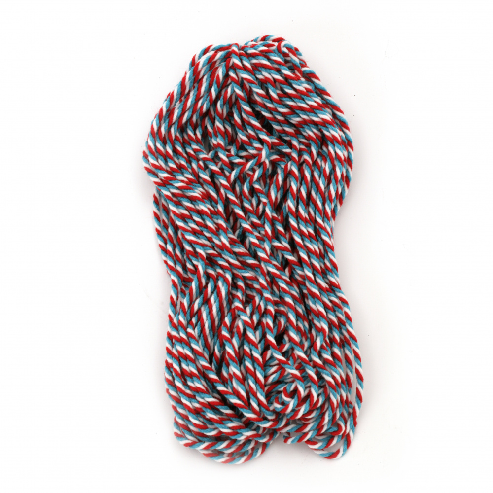 Tricolor Twisted Cord  / 4 mm /  White, Blue, Red - 30 meters
