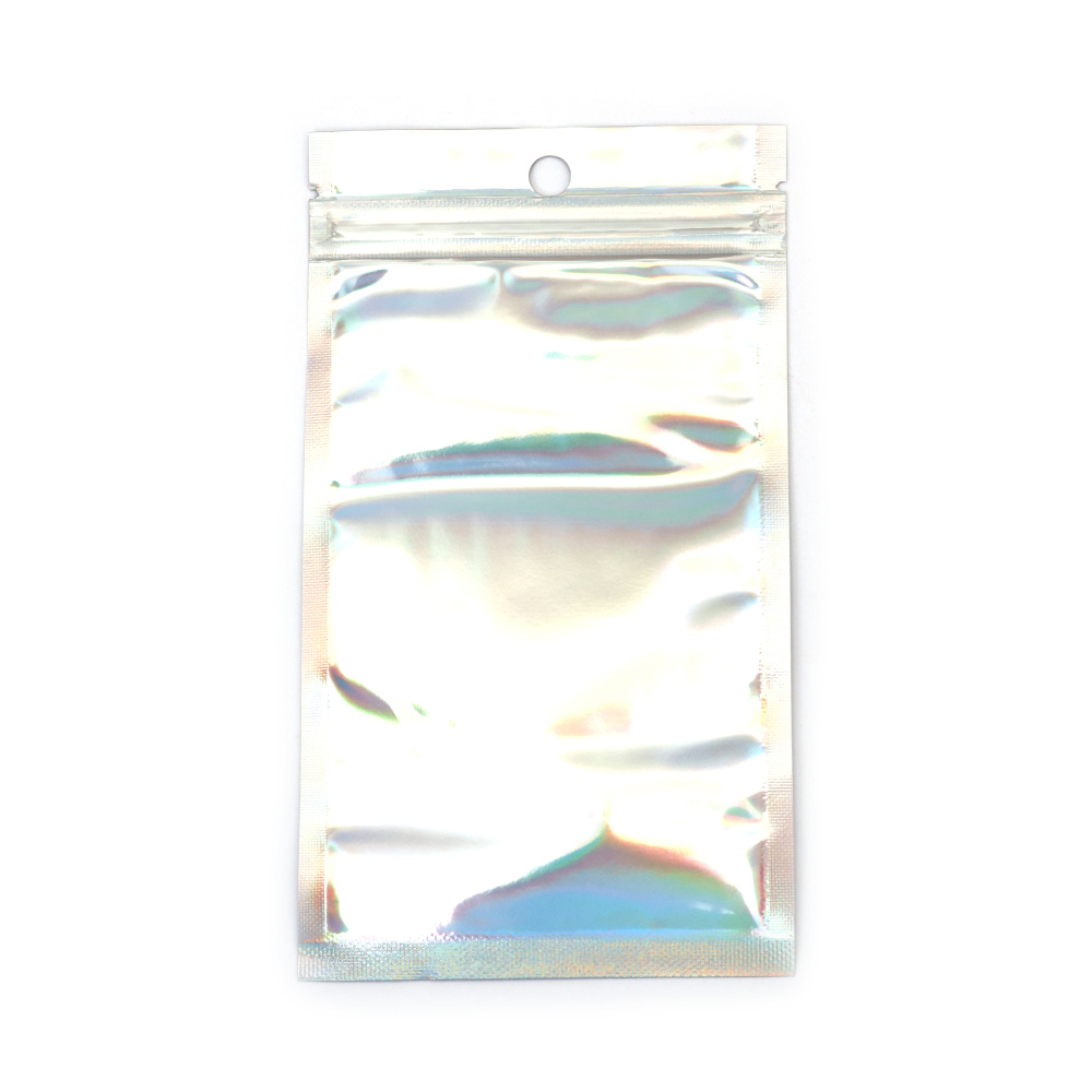 Pungi zip-lock din celofan 12x20 cm – model curcubeu, cu spate aluminizat și orificiu de agățare, set 100 buc.