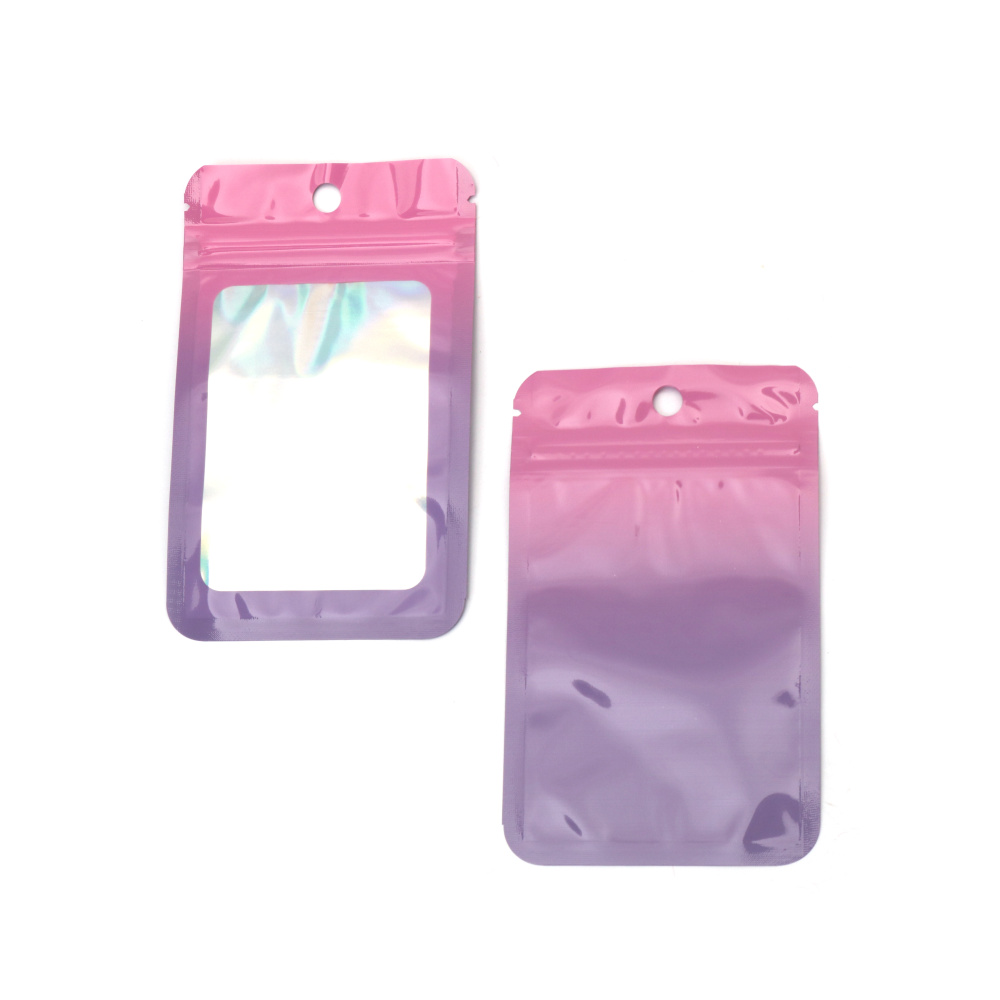 Pink & Purple Rainbow Cellophane Zip Bag 8x13 cm, Silver Back with Window, Hanging Type – 100 pcs